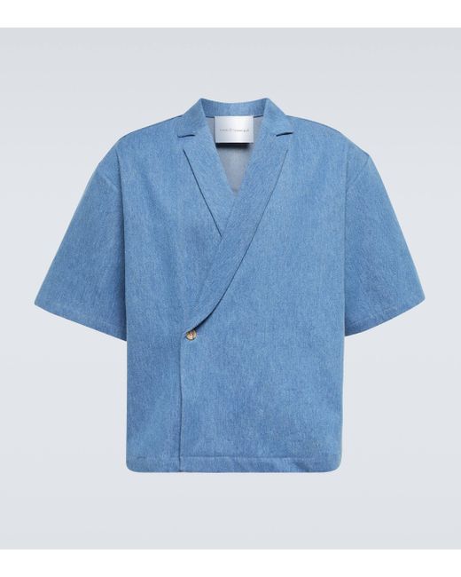 King & Tuckfield Blue Notch-collar Wrap Denim Bowling Shirt for men