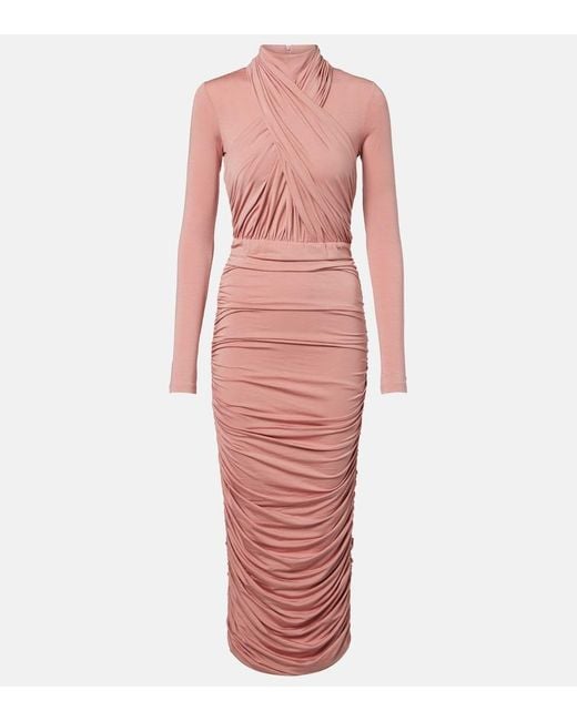 Balmain Pink Ruched Jersey Midi Dress