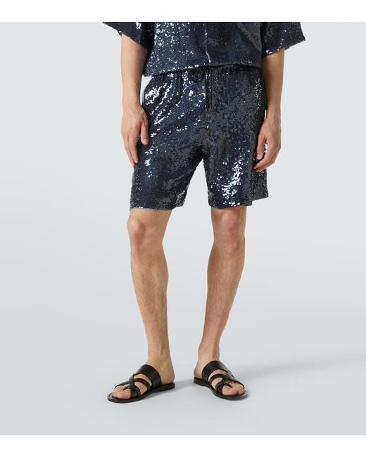 Dries Van Noten Blue Sequined Bermuda Shorts for men