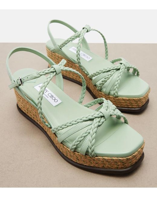Jimmy Choo Green Nyra Braided Leather Espadrille Wedges