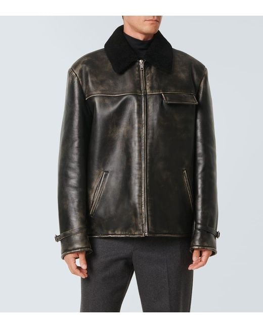 Prada Black Shearling-Trimmed Leather Jacket for men