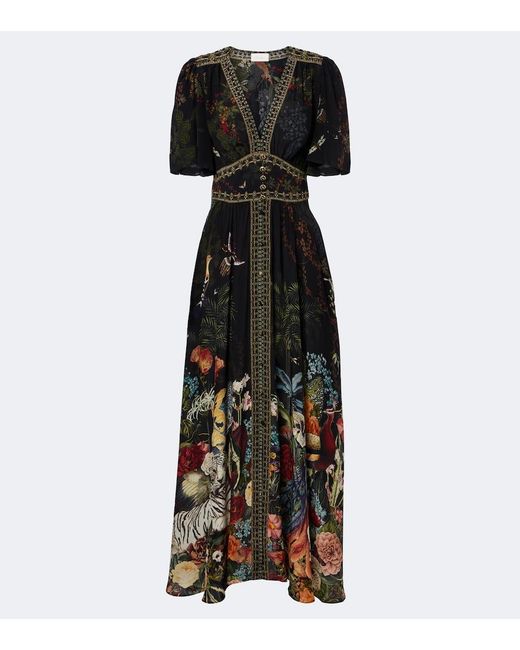 Camilla Black Embellished Printed Silk Satin Maxi Dress