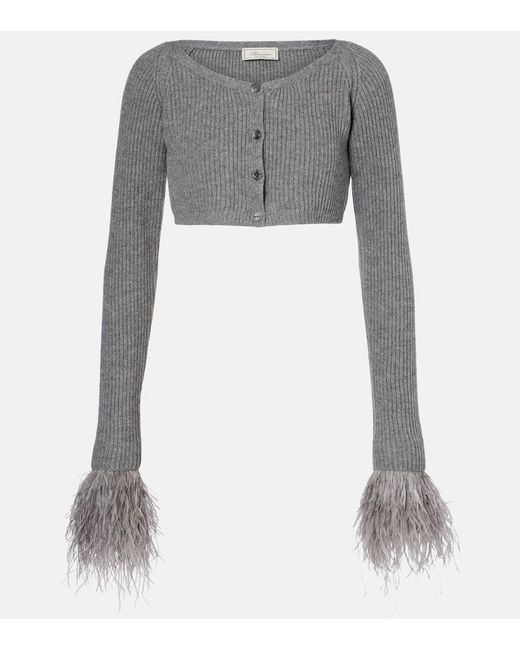 Blumarine Gray Cropped Ribbed-Knit Wool Cardigan