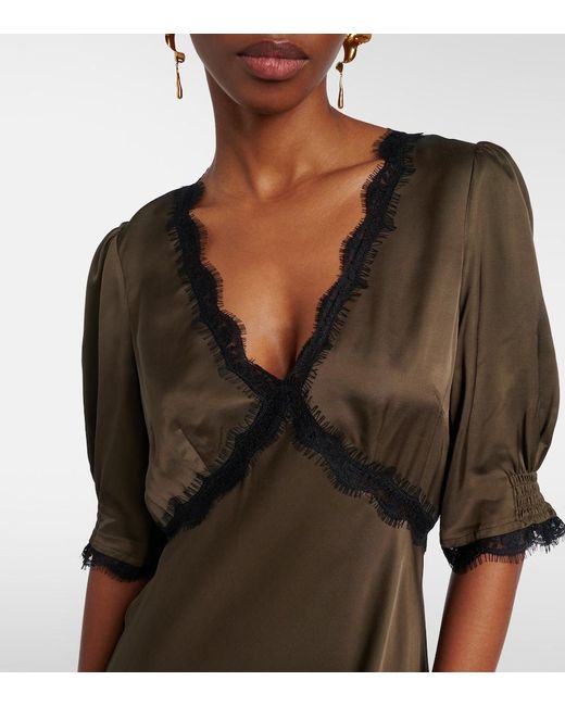 Rixo Brown Annina Lace-Trimmed Satin Midi Dress