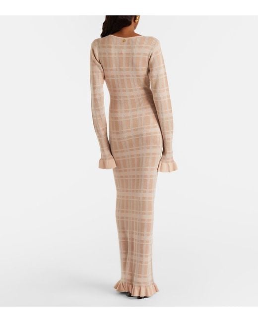 Bananhot Natural Ether Checked Ribbed-Knit Ruffled Maxi Dress