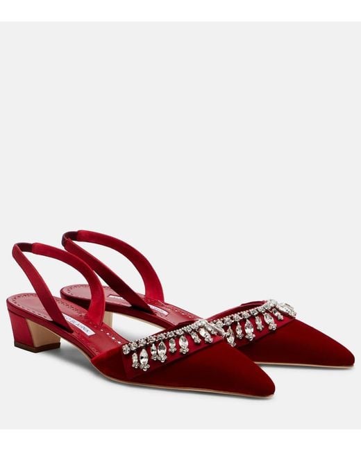 Manolo Blahnik Red Bequila 30 Embellished Velvet Slingback Pumps
