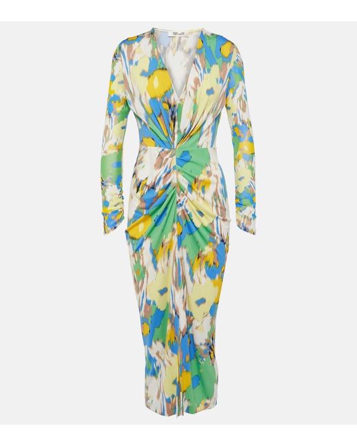 Diane von Furstenberg Blue Hades Printed Ruched Jersey Midi Dress
