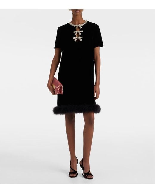 Valentino Black Embellished Feather-Trimmed Velvet Minidress