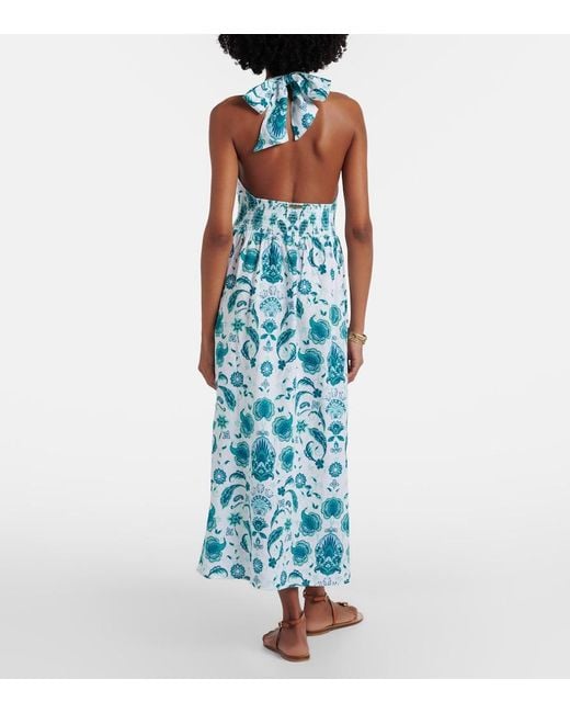 Heidi Klein Blue Kos Paisley Shirred Linen Maxi Dress