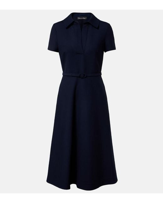 Oscar de la Renta Blue Belted Wool-Blend Midi Dress