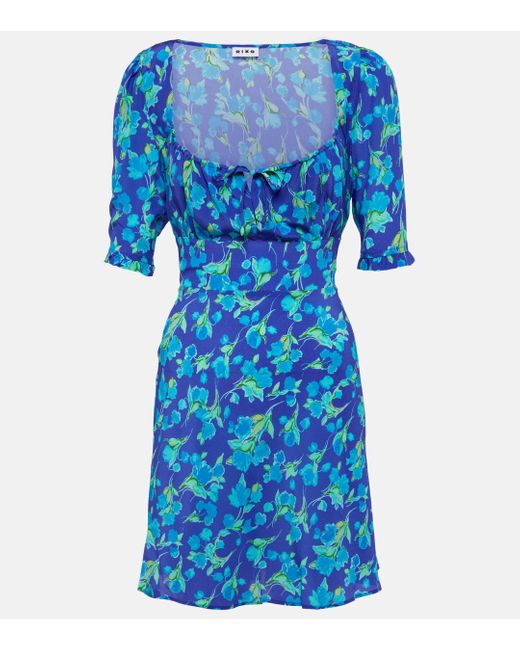 Rixo Blue Rose Floral-print Silk Dress