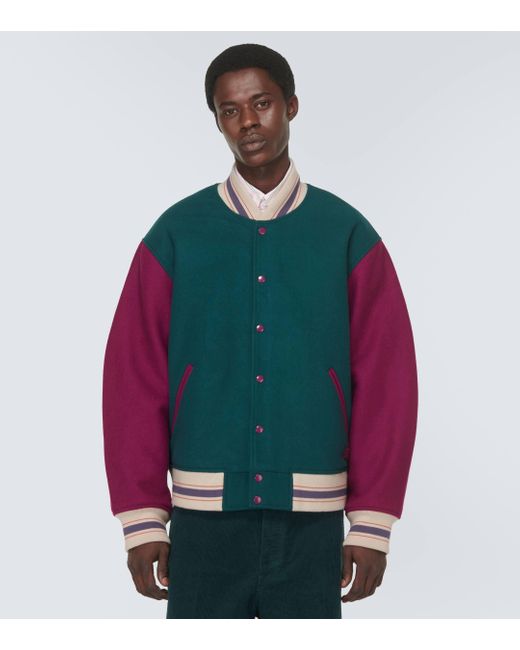 Acne Green Colorblocked Wool-blend Varsity Jacket for men
