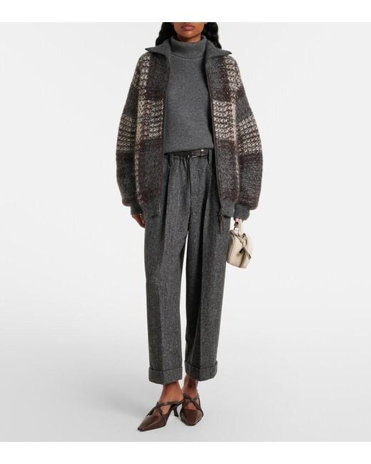 Brunello Cucinelli Gray Checked Sequined Cardigan