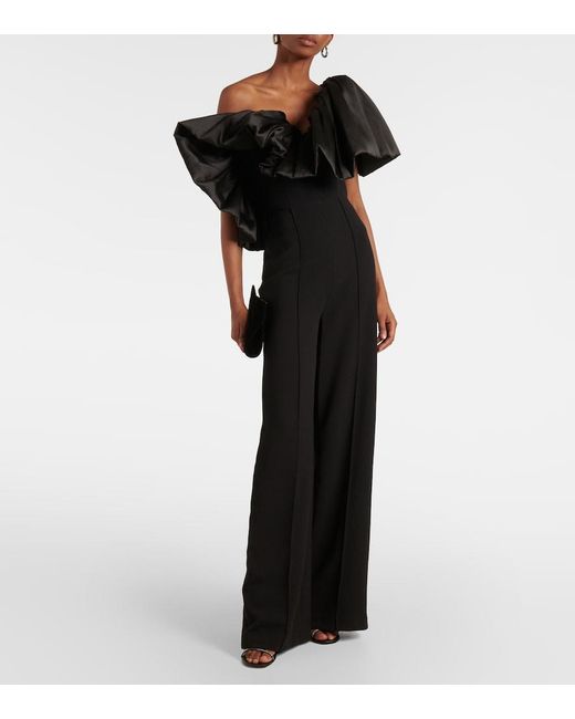 Solace London Black Perla Ruffled Satin-Trimmed Jumpsuit