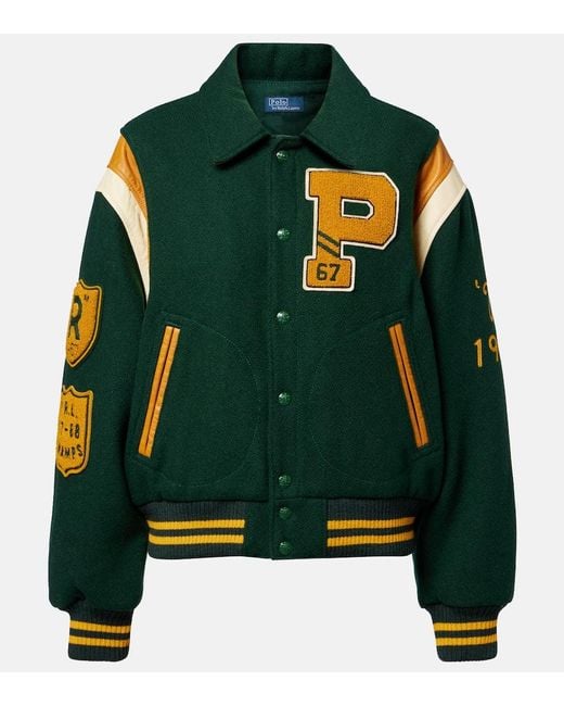 Chaqueta Varsity En Mezcla De Lana Con Piel Polo Ralph Lauren de color Green