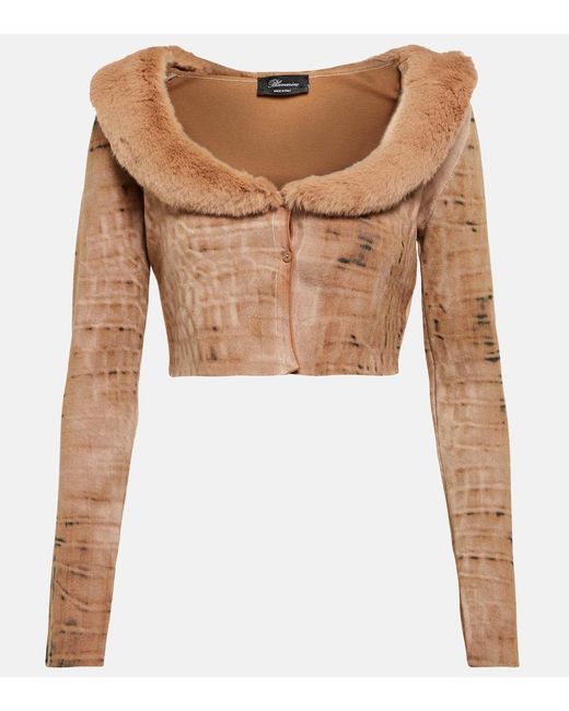 Blumarine Brown Faux Fur-trimmed Cropped Cardigan