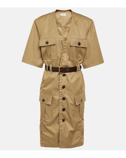 Saint Laurent Natural Saharienne Cotton Twill Midi Dress