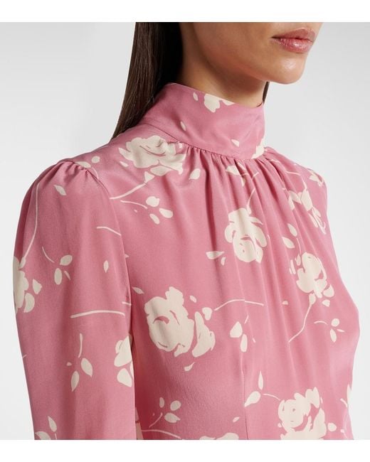 Alessandra Rich Pink Bow-Detail Floral Silk Midi Dress
