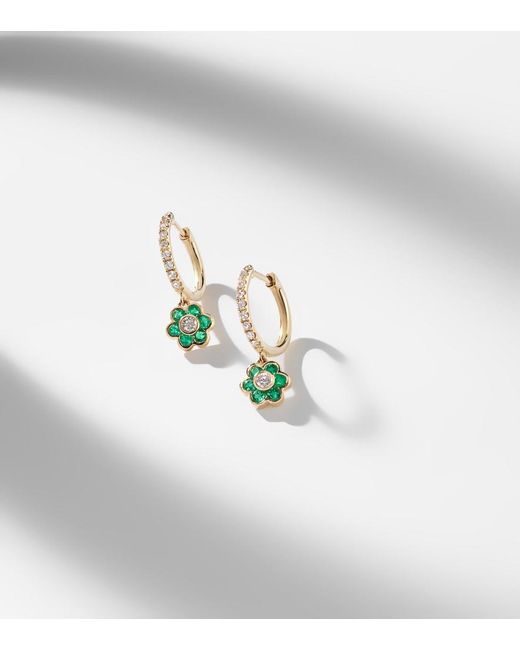 Anita Ko White Flora 18Kt Huggie Earrings With Diamonds And Emeralds