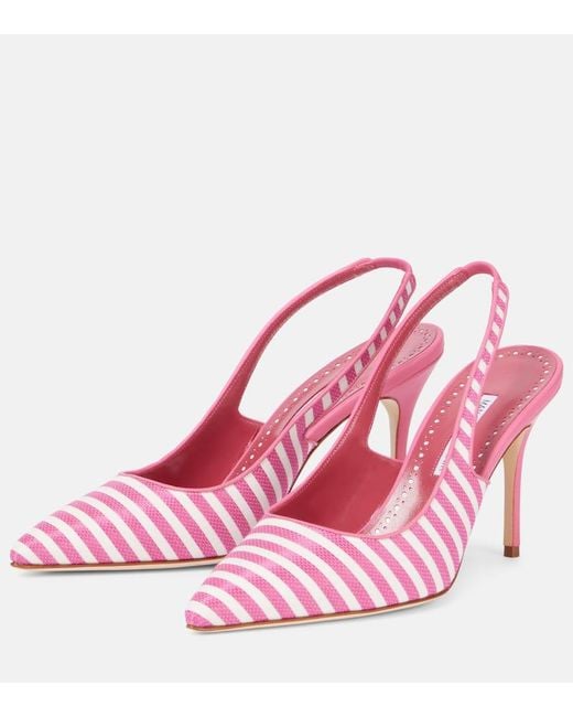 Manolo Blahnik Pink Allurafia 90 Striped Slingback Pumps