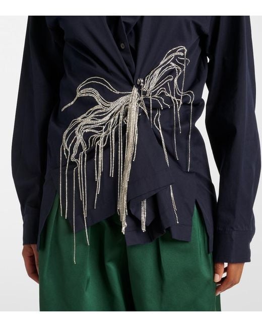 Dries Van Noten Blue Embellished Draped Cotton Gabardine Shirt