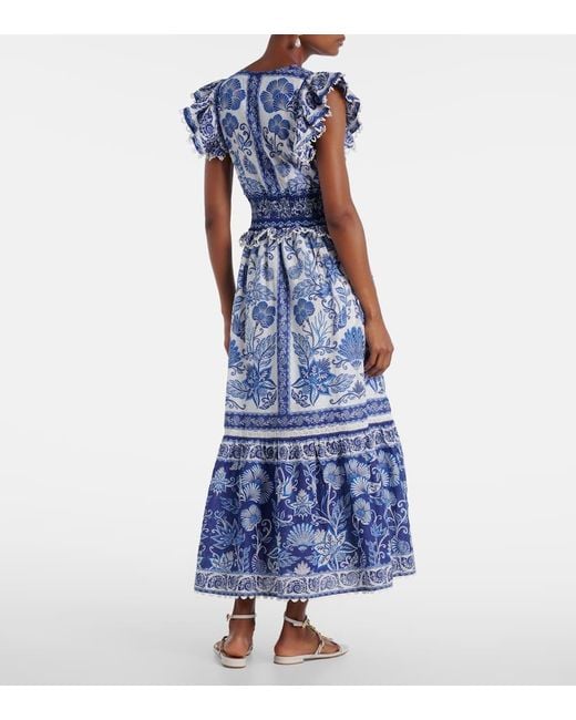 Farm Rio Blue Floral Tiered Cotton Maxi Dress