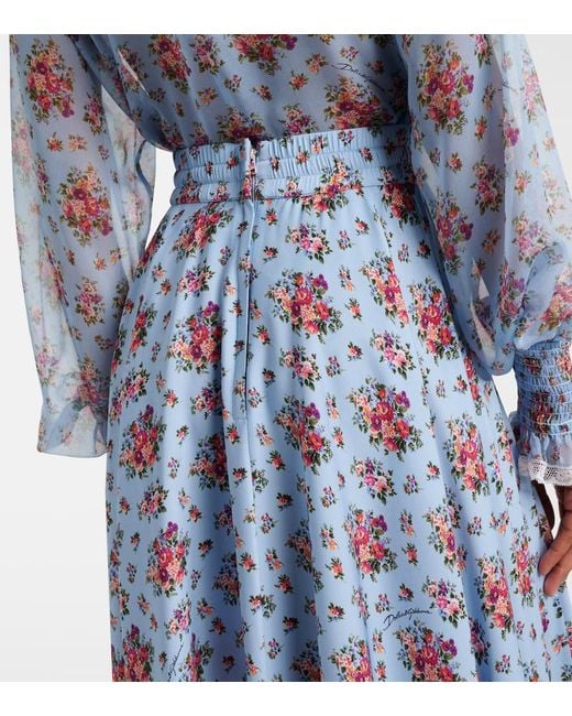 Dolce & Gabbana Blue Floral Silk-Blend Midi Skirt