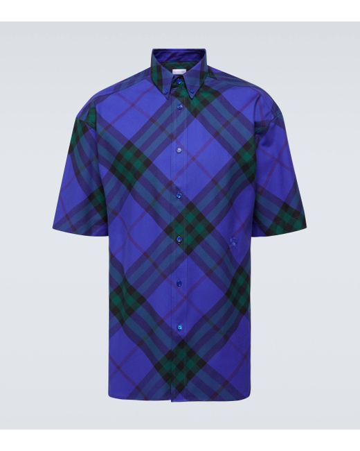 Burberry Blue Button-down Collar Logo-embroidered Checked Cotton-twill Shirt for men