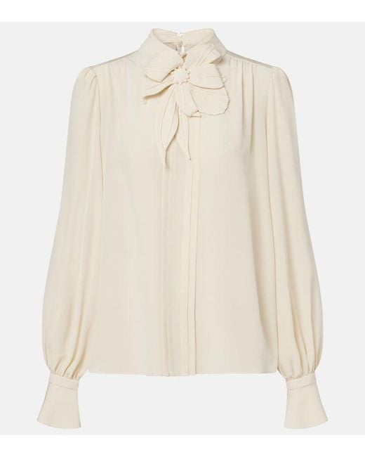 Valentino Natural Floral-Applique Silk Crepe De Chine Blouse