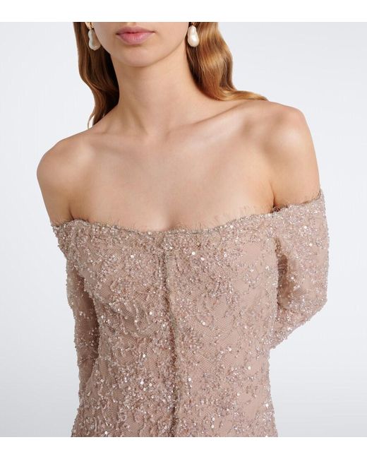 Marmar Halim Natural Sequined Lace Off-Shoulder Gown