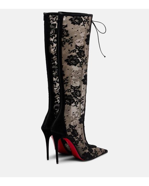 Christian Louboutin Black Km 100 Lace-Trimmed Leather Knee-High Boots