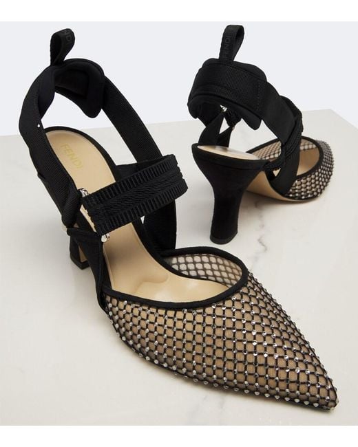 Fendi Black Colibri Embellished Mesh And Suede Pumps