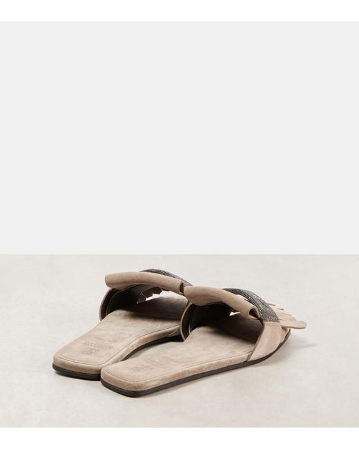 Brunello Cucinelli Natural Fringed Suede Slippers