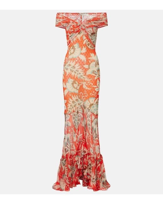 Etro Red Printed Off-Shoulder Gown