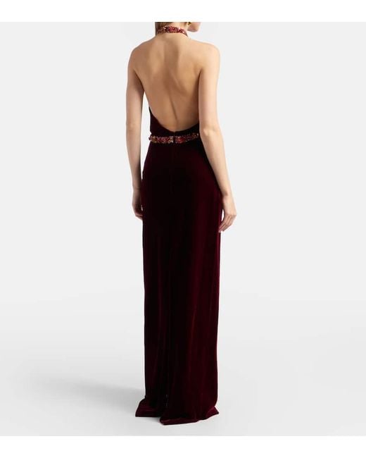 Costarellos Purple Draped Embellished Halterneck Velvet Gown