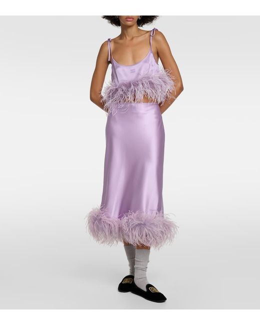 Miu Miu Purple Cropped-Top Aus Satin Mit Federn