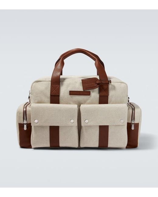 Brunello Cucinelli Brown Leather-Trimmed Canvas Duffel Bag for men