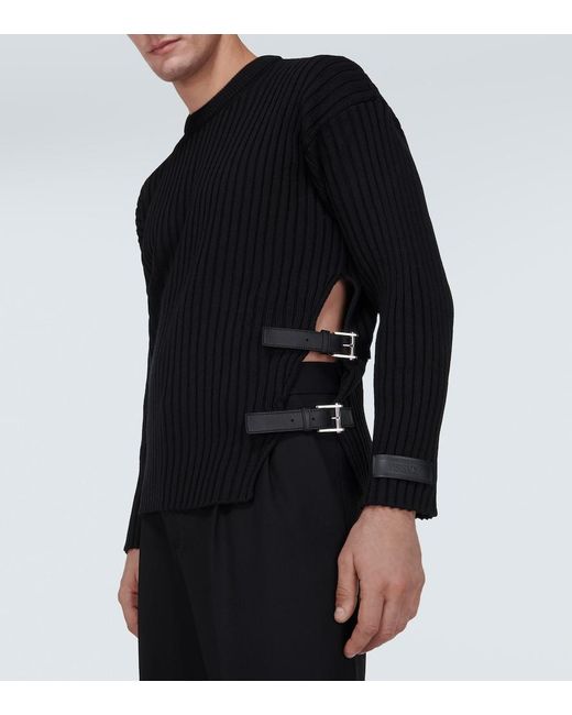 Versace Black Leather-Trimmed Knit Wool Sweater for men