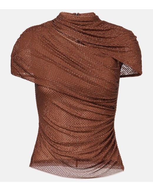 Self-Portrait Brown Crystal-Embellished Draped Mesh Top