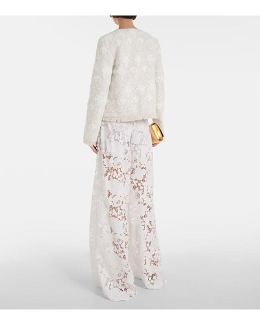 Oscar de la Renta White Gardenia Embroidered Tweed Jacket