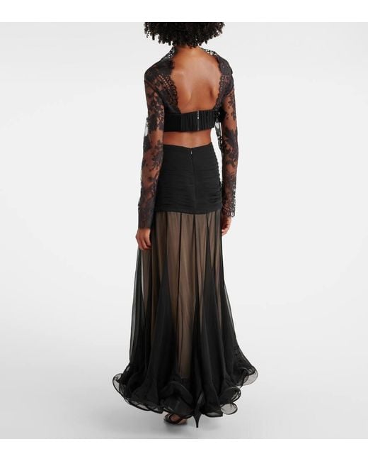 Zimmermann Black Illustration Flounce Lace-Trimmed Silk Gown