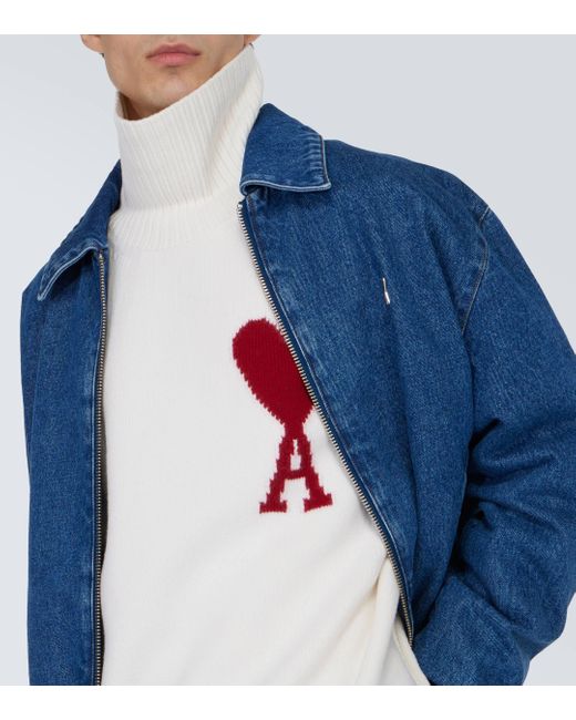 AMI White Logo Virgin Wool Turtleneck Sweater for men
