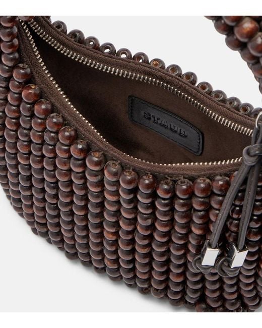Staud Brown Reef Small Beaded Leather-Trimmed Top-Handle Bag