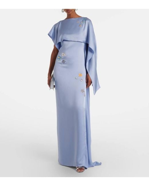 Erdem Blue Embellished Caped Satin Cady Gown