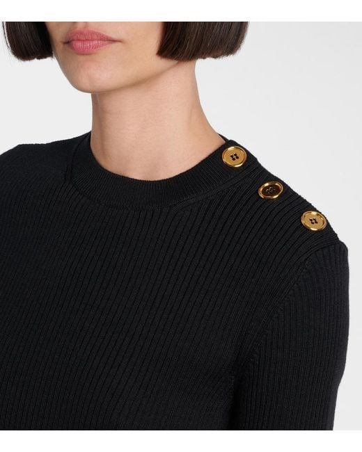 Patou Black Ribbed-Knit Peplum Wool Top