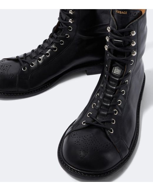 Versace Black Billy Perforated Leather Combat Boots for men