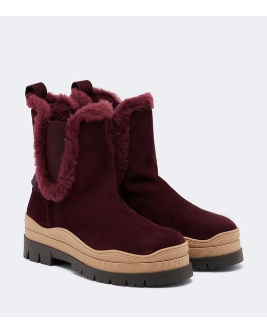 Bogner Red Arosa Shearling-Lined Suede Ankle Boots