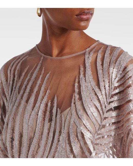 Elie Saab Natural Embroidered Sheer Tulle Gown