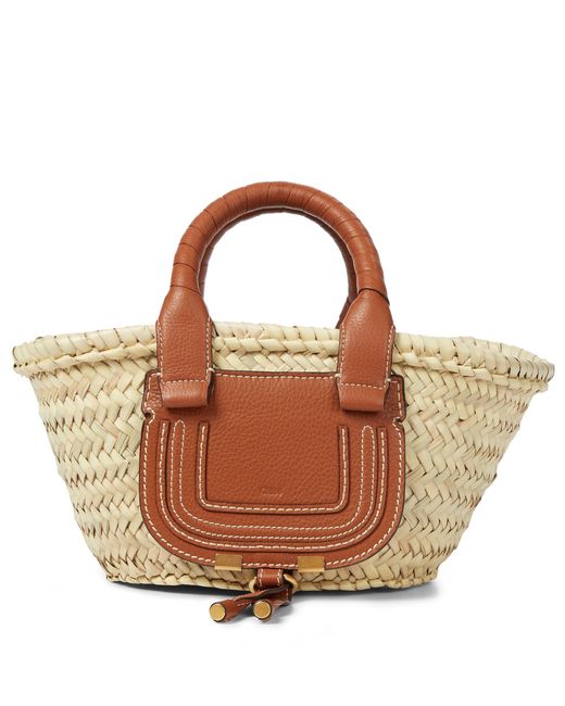 Chloé Leather Marcie Mini Raffia Basket Bag in Tan (Natural) | Lyst