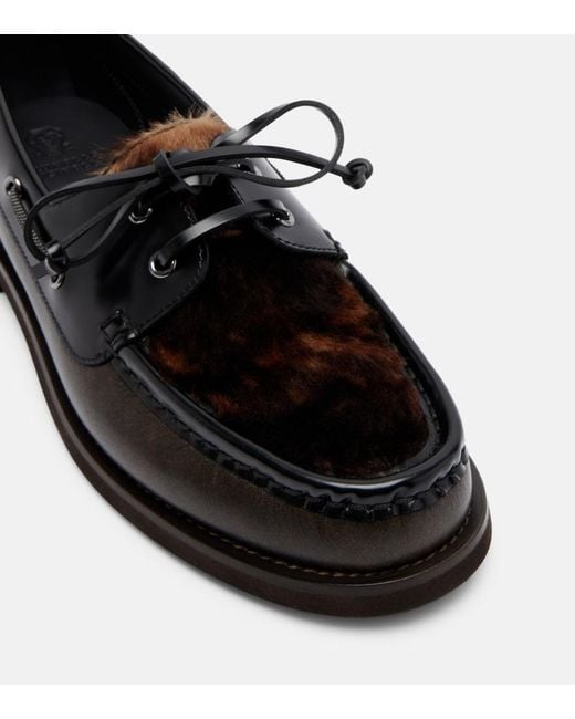 Brunello Cucinelli Black Monili Calf Hair-Trimmed Leather Boat Shoes